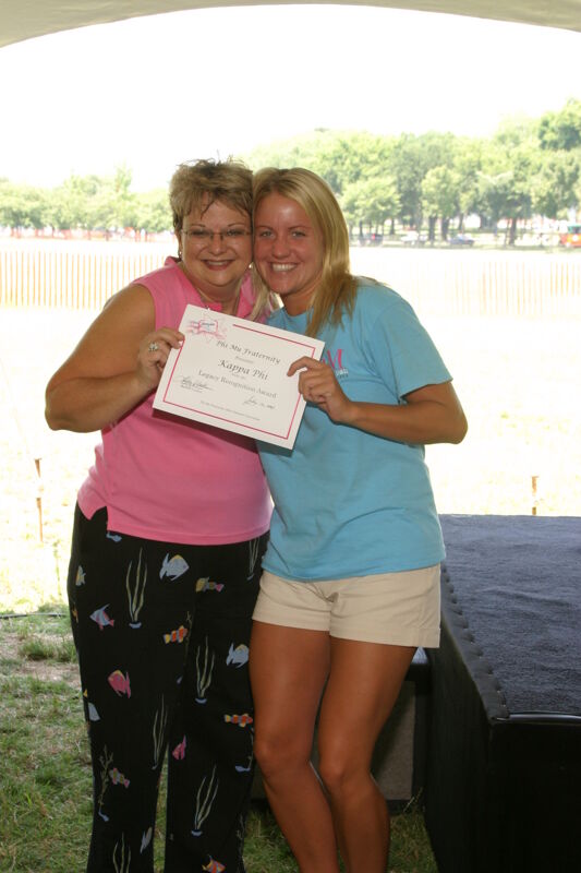 Kathy Williams and Kappa Phi Chapter Member With Certificate at Convention Outdoor Luncheon Photograph, July 10, 2004 (Image)