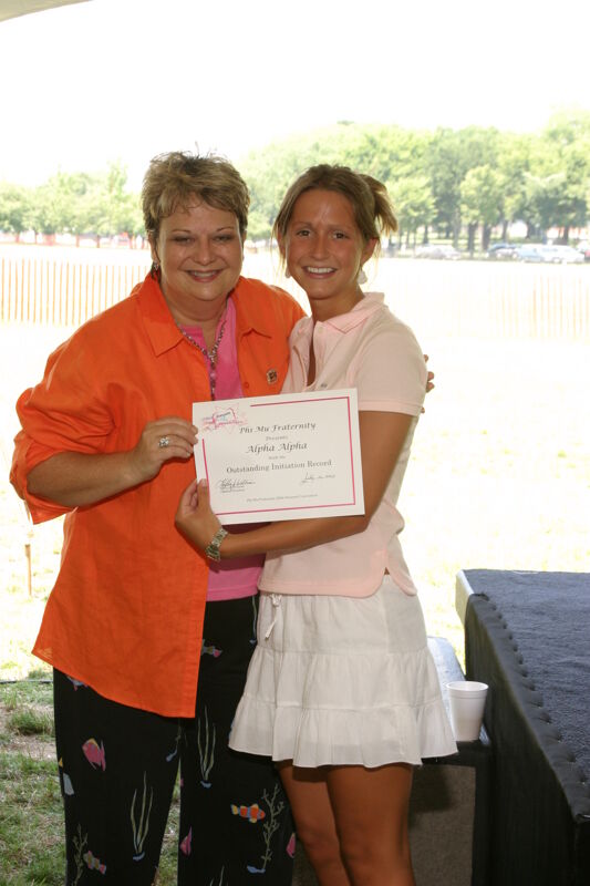 Kathy Williams and Alpha Alpha Chapter Member With Certificate at Convention Outdoor Luncheon Photograph, July 10, 2004 (Image)