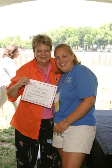 Kathy Williams and Gamma Alpha Chapter Member With Certificate at Convention Outdoor Luncheon Photograph, July 10, 2004 (image)