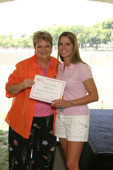 Kathy Williams and Theta Zeta Chapter Member With Certificate at Convention Outdoor Luncheon Photograph, July 10, 2004 (image)