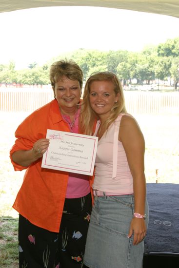 Kathy Williams and Kappa Gamma Chapter Member With Certificate at Convention Outdoor Luncheon Photograph 2, July 10, 2004 (image)