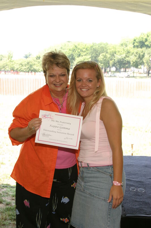 Kathy Williams and Kappa Gamma Chapter Member With Certificate at Convention Outdoor Luncheon Photograph 2, July 10, 2004 (Image)