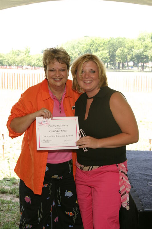 July 10 Kathy Williams and Lambda Beta Chapter Member With Certificate at Convention Outdoor Luncheon Photograph Image