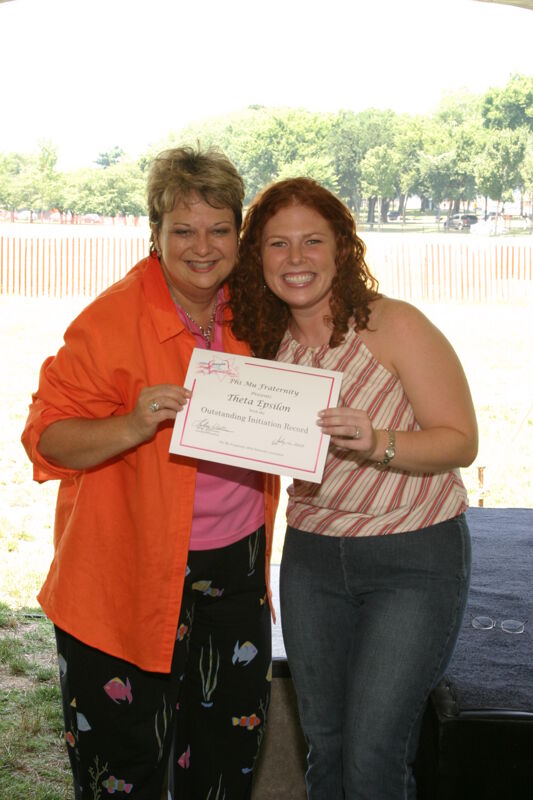July 10 Kathy Williams and Theta Epsilon Chapter Member With Certificate at Convention Outdoor Luncheon Photograph Image