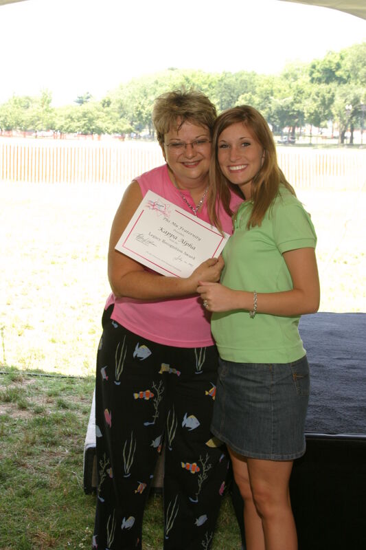 Kathy Williams and Kappa Alpha Chapter Member With Certificate at Convention Outdoor Luncheon Photograph, July 10, 2004 (Image)