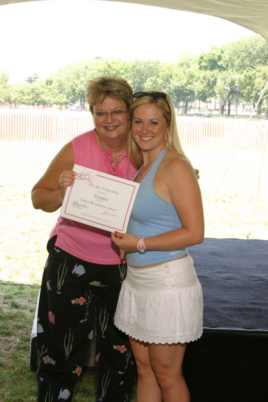 Kathy Williams and Kappa Chapter Member With Certificate at Convention Outdoor Luncheon Photograph, July 10, 2004 (Image)