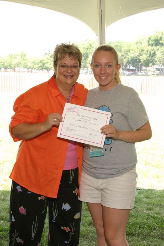 Kathy Williams and Delta Epsilon Chapter Member With Certificate at Convention Outdoor Luncheon Photograph, July 10, 2004 (Image)
