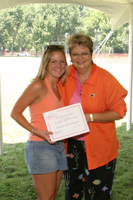 Kathy Williams and Gamma Zeta Chapter Member With Certificate at Convention Outdoor Luncheon Photograph, July 10, 2004 (Image)