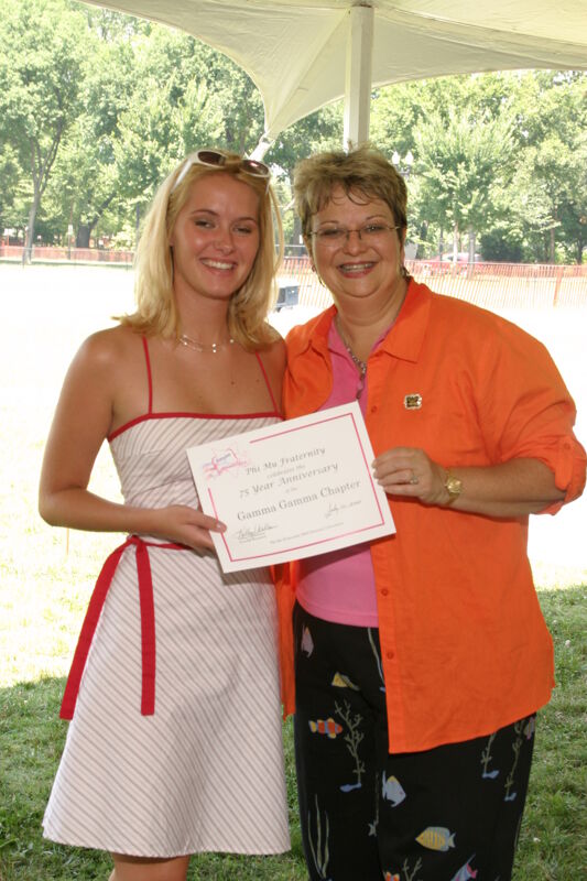 Kathy Williams and Gamma Gamma Chapter Member With Certificate at Convention Outdoor Luncheon Photograph, July 10, 2004 (Image)