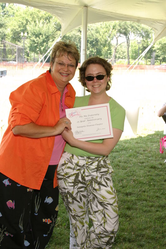 Kathy Williams and Annapolis Alumna With Certificate at Convention Outdoor Luncheon Photograph, July 10, 2004 (Image)