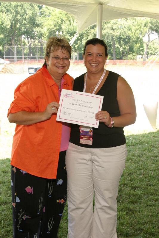 July 10 Kathy Williams and Miami Alumna With Certificate at Convention Outdoor Luncheon Photograph Image