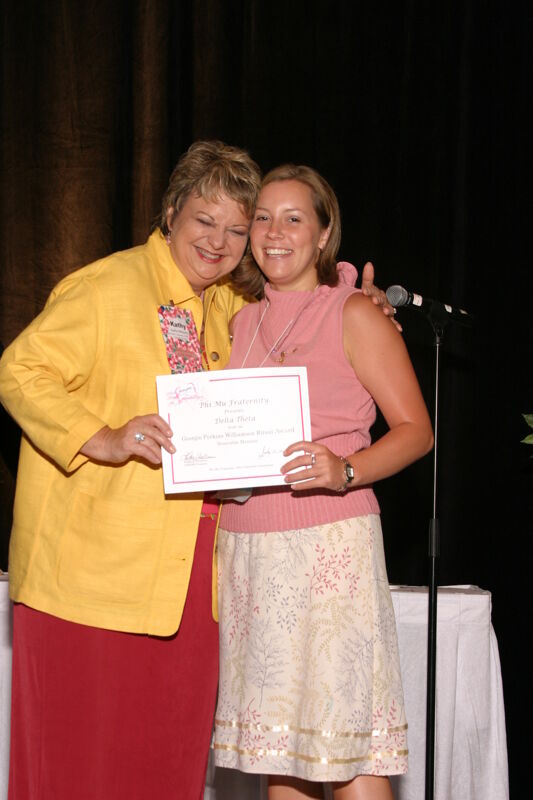 Kathy Williams and Delta Theta Chapter Member With Certificate at Convention Sisterhood Luncheon Photograph, July 8-11, 2004 (Image)