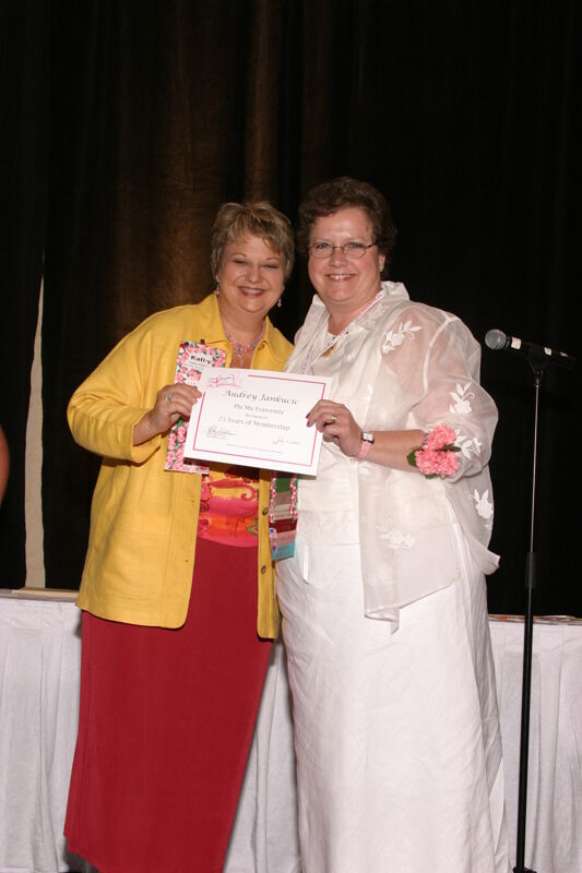 Kathy Williams and Audrey Jankucic With Certificate at Convention Sisterhood Luncheon Photograph, July 8-11, 2004 (Image)