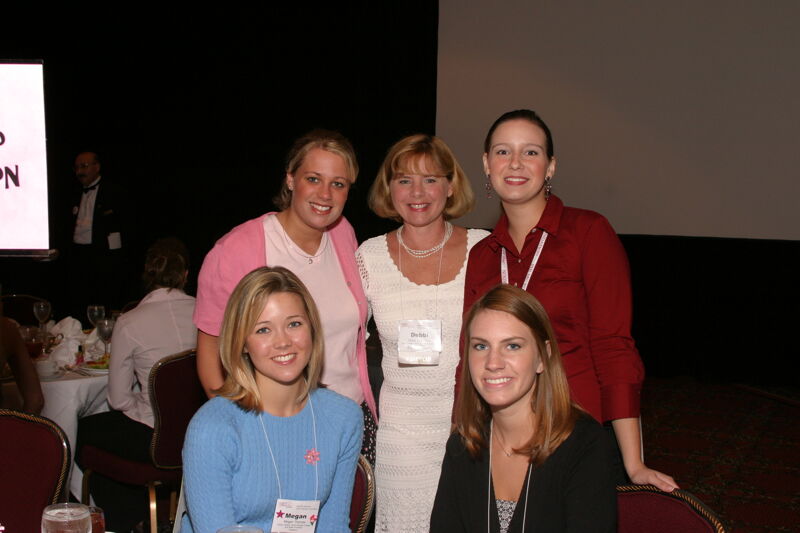 Thomas, Celentano, and Three Unidentified Phi Mus at Convention Sisterhood Luncheon Photograph, July 8-11, 2004 (Image)