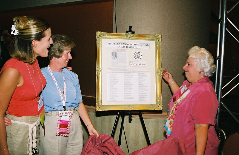 Unidentified, Stone, and Hall Unveiling McAdams Fund Plaque at Convention Photograph 1, July 4-8, 2002 (Image)
