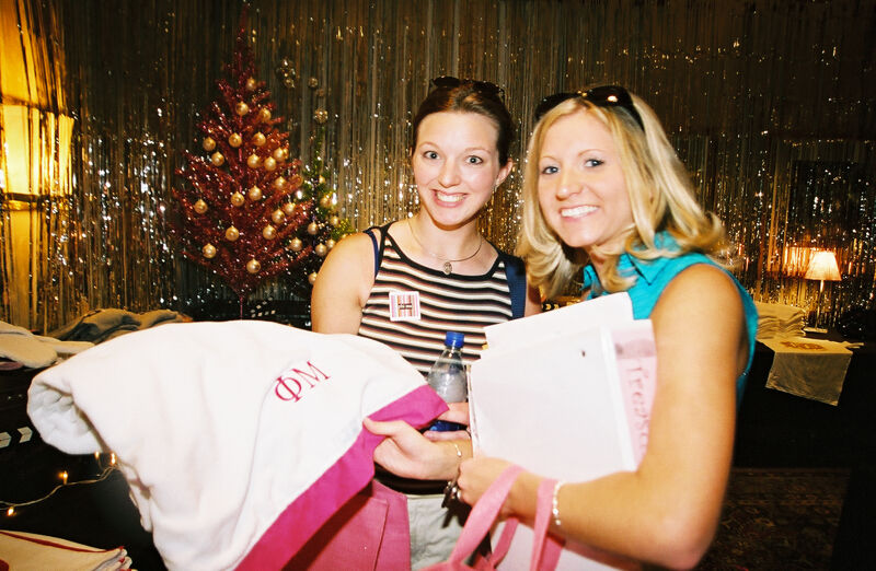 Two Members With Phi Mu Blanket at Convention Photograph 1, July 4-8, 2002 (Image)