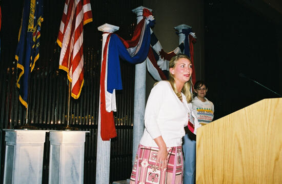 Unidentified Phi Mu in Quasquicentennial Fabric Skirt at Convention Photograph 3, July 4-8, 2002 (image)