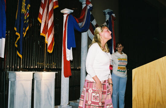 Unidentified Phi Mu in Quasquicentennial Fabric Skirt at Convention Photograph 2, July 4-8, 2002 (image)