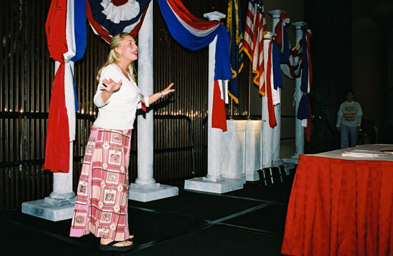 Unidentified Phi Mu in Quasquicentennial Fabric Skirt at Convention Photograph 1, July 4-8, 2002 (image)