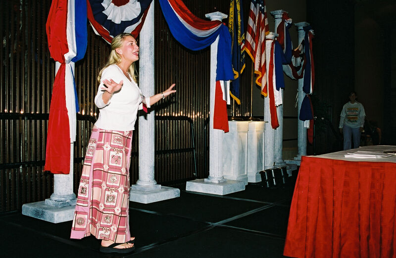 Unidentified Phi Mu in Quasquicentennial Fabric Skirt at Convention Photograph 1, July 4-8, 2002 (Image)