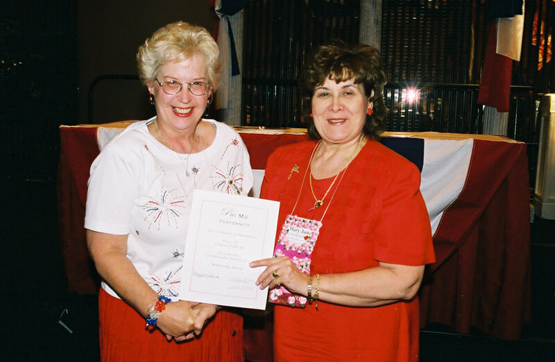 Mary Jane Johnson and Waco Alumnae Chapter Member With Certificate at Convention Photograph, July 4-8, 2002 (Image)