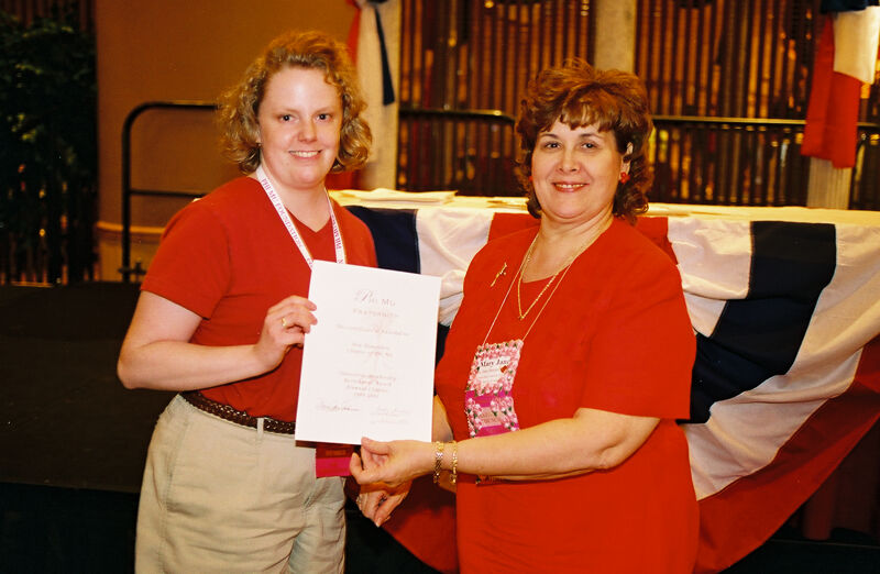 Mary Jane Johnson and New Hampshire Alumnae Chapter Member With Certificate at Convention Photograph 2, July 4-8, 2002 (Image)