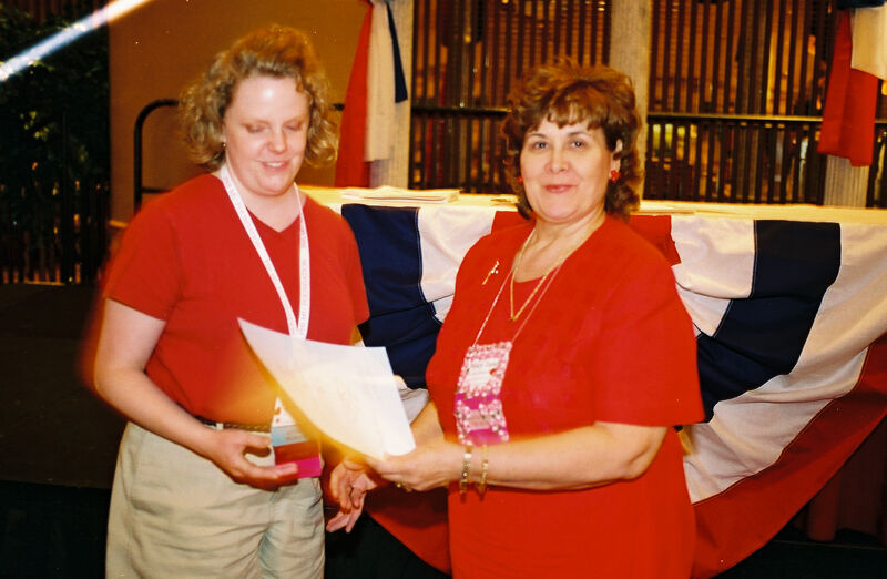 Mary Jane Johnson and New Hampshire Alumnae Chapter Member With Certificate at Convention Photograph 1, July 4-8, 2002 (Image)