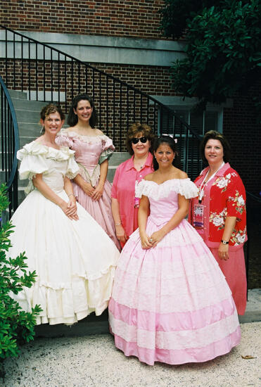 Johnson, Mitchelson, and Three Phi Mus in Period Dress at Convention Photograph 1, July 4-8, 2002 (image)