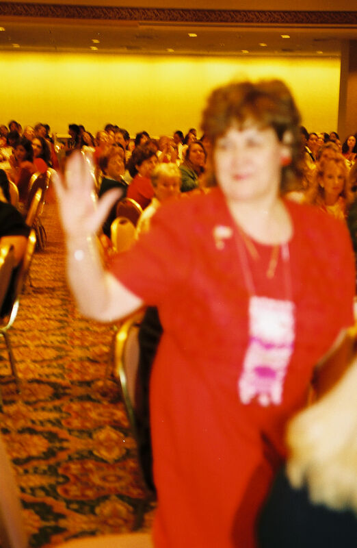 Mary Jane Johnson Waving at Convention Welcome Dinner Photograph, July 4, 2002 (Image)
