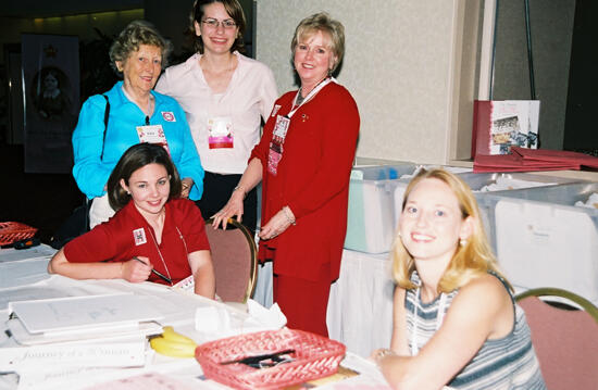 Rawson, Lewis, and Three Unidentified Phi Mus During Convention Registration Photograph, July 4-8, 2002 (image)