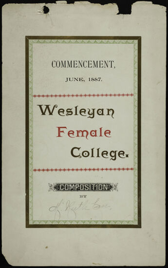 Composition by M. Ruth Carr for Commencement at Wesleyan Female College, June 1887 (image)