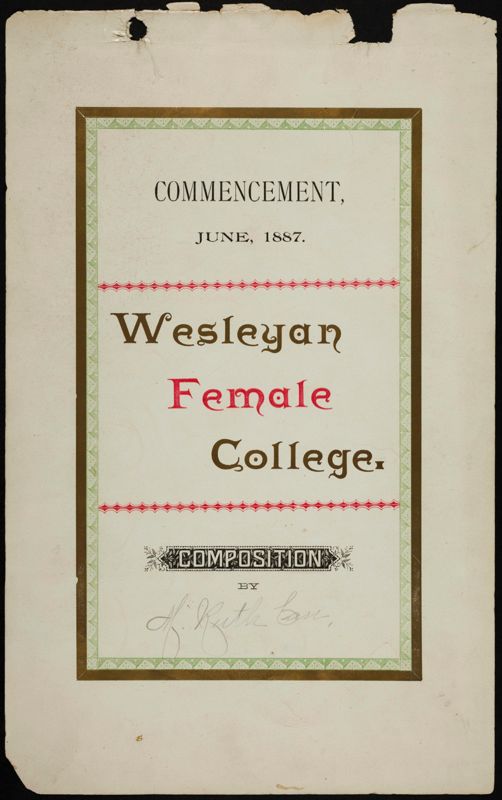 June 1887 Composition by M. Ruth Carr for Commencement at Wesleyan Female College Image