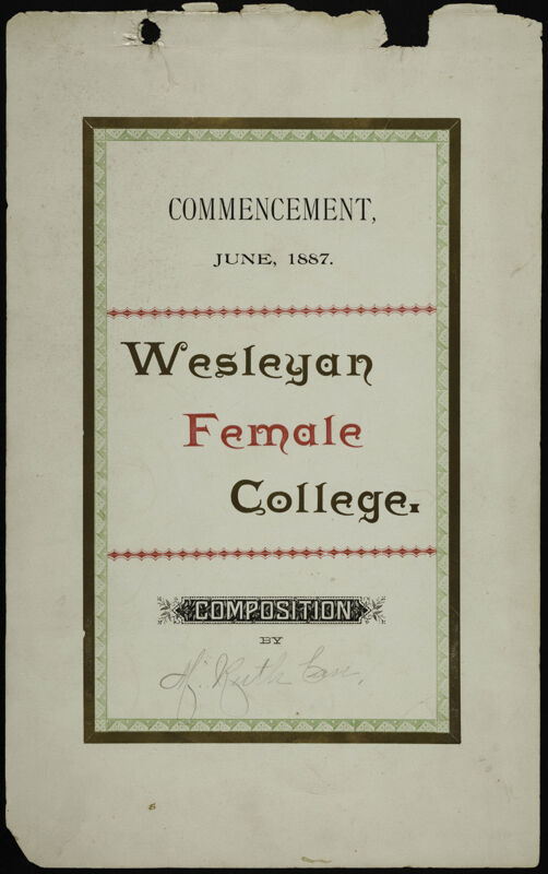 Composition by M. Ruth Carr for Commencement at Wesleyan Female College, June 1887 (Image)