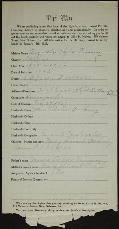 Augusta Clyde Finney Form, 1922 (Image)