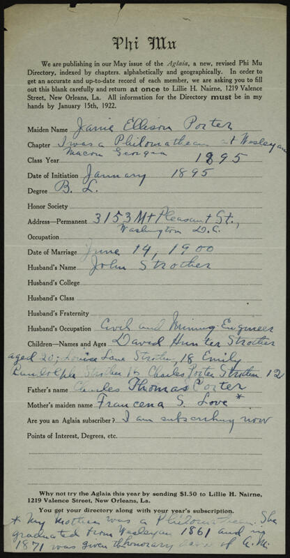 1922 Jarnie Ellison Porter Form Image