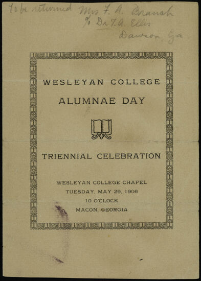 Wesleyan College Alumnae Day Triennial Celebration Program, May 29, 1906 (Image)