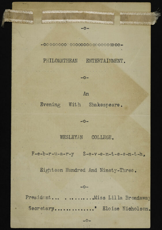 Philomathean Entertainment, An Evening With Shakespeare Program, February 17, 1893 (Image)