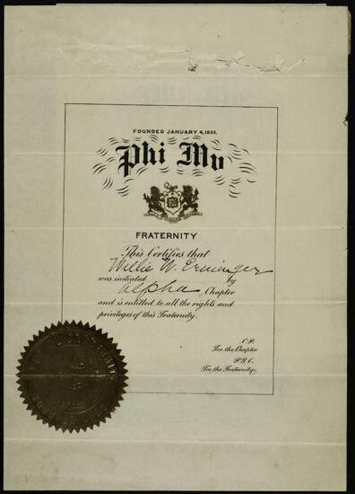 Willie W. Erminger Initiation Certificate, 1901-1906 (Image)