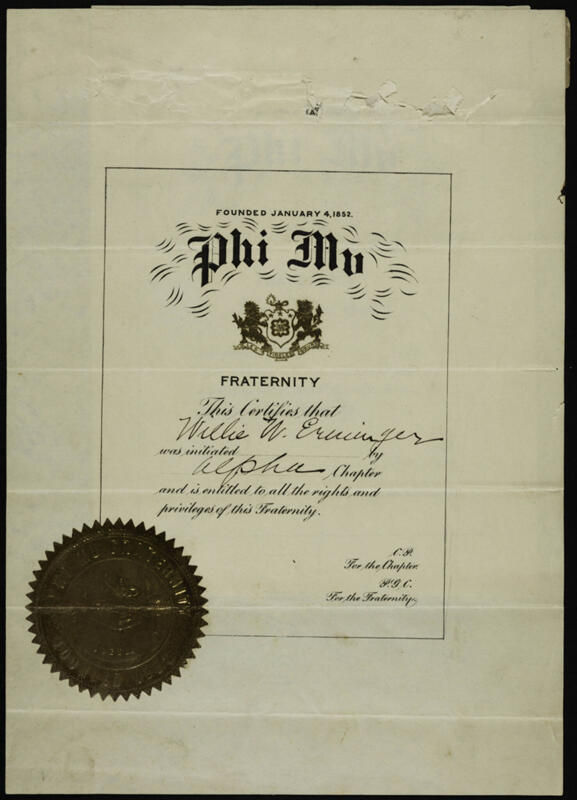 1901-1906 Willie W. Erminger Initiation Certificate Image