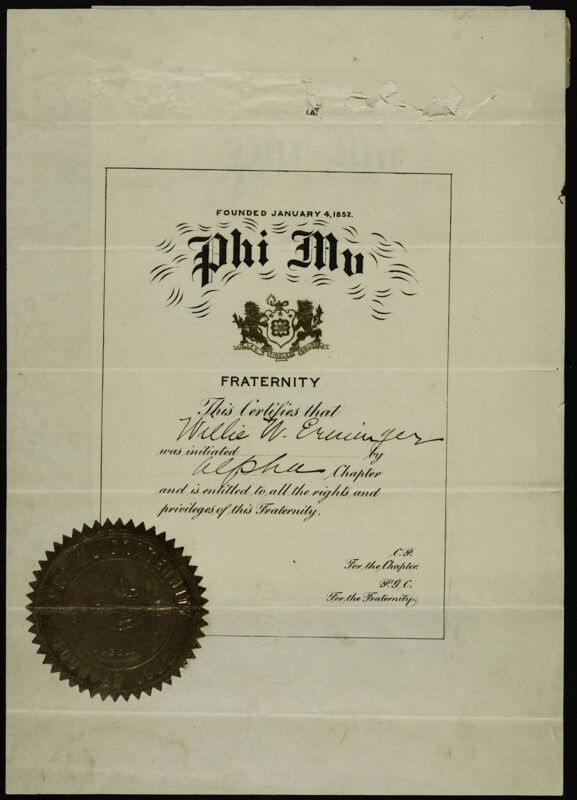 Willie W. Erminger Initiation Certificate, 1901-1906 (Image)