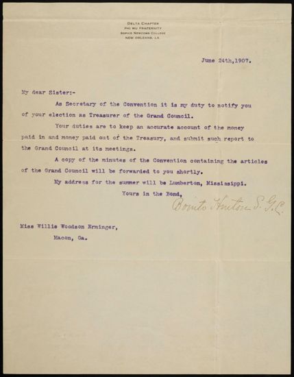 Bonita Hinton to Dear Sister Letter With Envelope, June 24, 1907 (image)