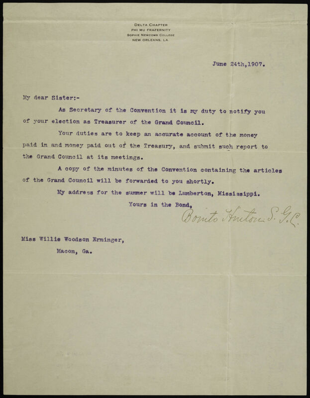 Bonita Hinton to Dear Sister Letter With Envelope, June 24, 1907 (Image)