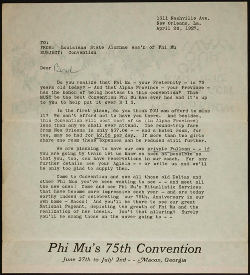 Louisiana State Alumnae Ass'n of Phi Mu to Beryl Form Letter, April 26, 1927 (image)