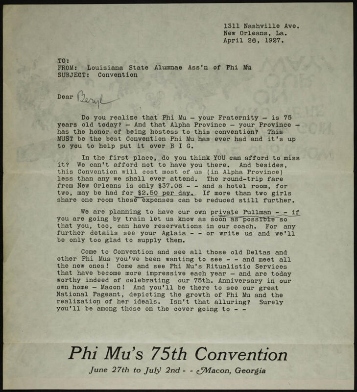 April 26 Louisiana State Alumnae Ass'n of Phi Mu to Beryl Form Letter Image