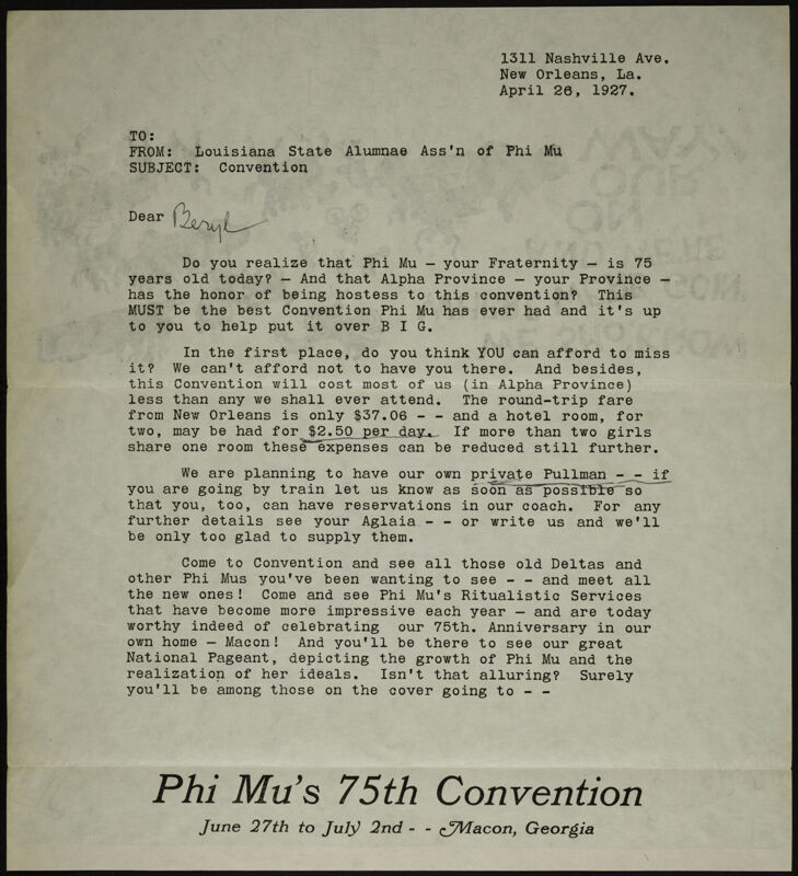 Louisiana State Alumnae Ass'n of Phi Mu to Beryl Form Letter, April 26, 1927 (Image)