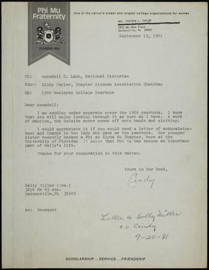 Cindy Taylor to Annadell C. Lamb Memo, September 15, 1981 (image)