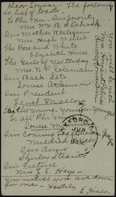 E. Hines to Louise Monning Note, June 7, 1911 (Image)