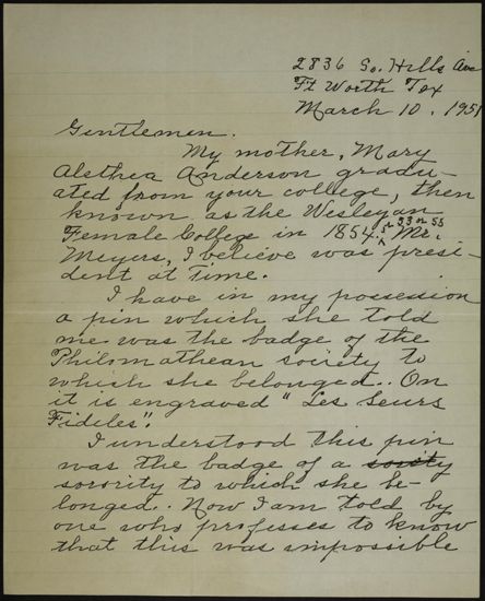 Mrs. W.G. Garrison to Gentlemen Letter, March 10, 1951 (image)