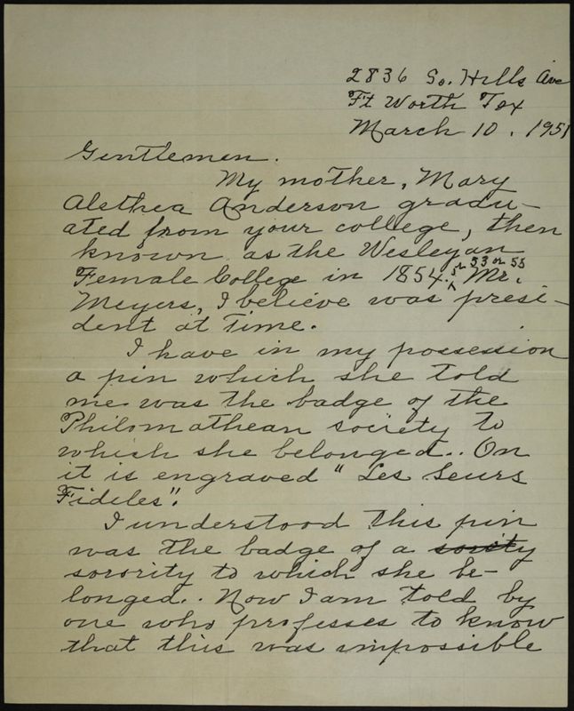 March 10 Mrs. W.G. Garrison to Gentlemen Letter Image