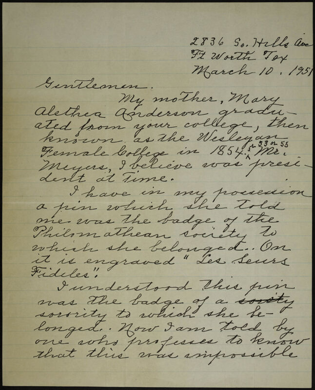 Mrs. W.G. Garrison to Gentlemen Letter, March 10, 1951 (Image)